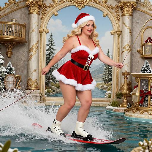 Blonde woman in Santa outfit and hat, skiing on water, archway backdrop, Christmas trees, ornate gold decor, digital art.