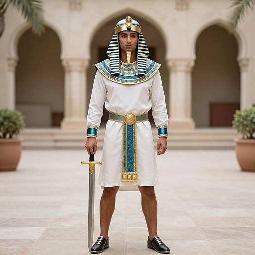 Photorealistic image of a Black man in ancient Egyptian attire, standing with a sword in hand, wearing a striped headdress, white tunic,