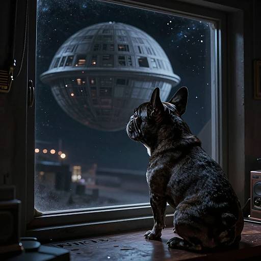 Photograph of a brindle French Bulldog sitting on a windowsill at night, gazing at a glowing, futuristic spaceship outside.