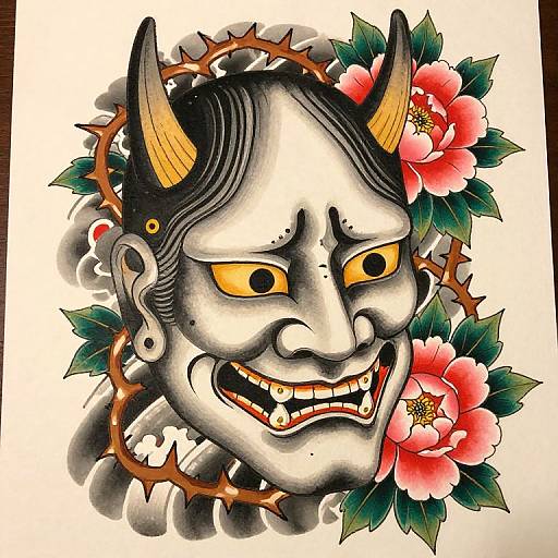 Traditional Japanese woodblock-style tattoo of a menacing oni mask with yellow horns, yellow eyes, and sharp teeth, surrounded by red flowers and a th