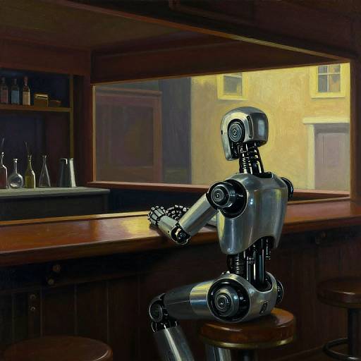 Photograph-like digital art of a silver robot with black joints, seated at a wooden bar, leaning on the counter, with a window view of a