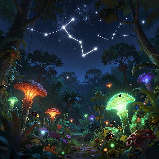 Bioluminescent Jungle Under Shooting Stars