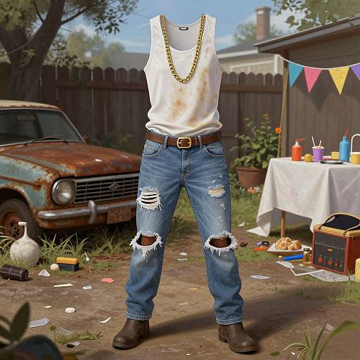 Photograph of a white tank top with gold chain, ripped blue jeans, brown belt, and brown boots displayed outdoors in a backyard with a rusty car