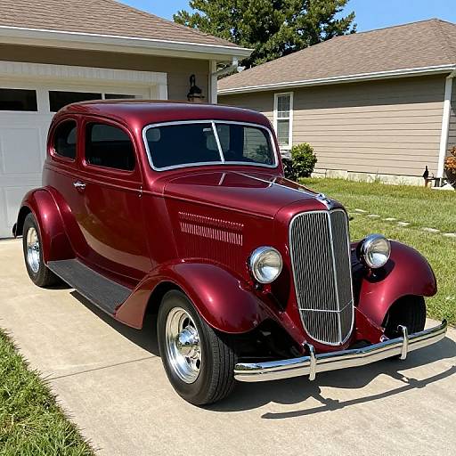 Photograph of a shiny, dark red vintage 1940s sedan with chrome accents, parked on a concrete driveway in front of suburban houses.