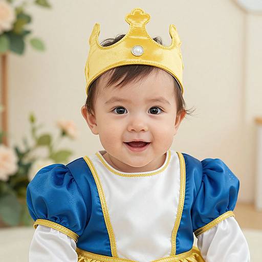 Photograph of a smiling baby with fair skin, wearing a gold crown and royal blue and white dress, with puffed sleeves. Background features soft,