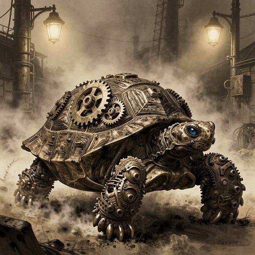 Steampunk Armored Tortoise in Foggy Yard