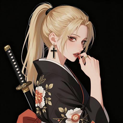 Blonde Woman in Black Floral Kimono with Katana