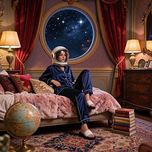 A person in navy pajamas and a space helmet sits on a pink-furred bed in a luxurious, starry-night-viewed room.