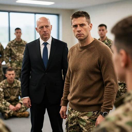 Serious Man in Brown Sweater Among Military Personnel