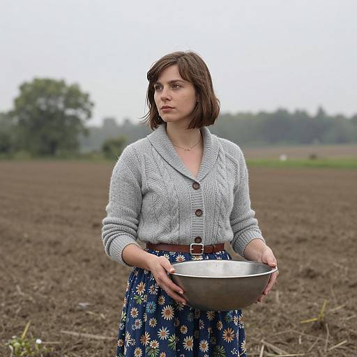 Woman in Fields with Metal Bowl