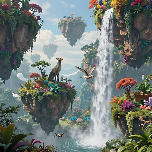 Vibrant digital fantasy scene: floating islands with lush vegetation, colorful flowers, tall waterfall, birds, and a standing ostrich-like creature.