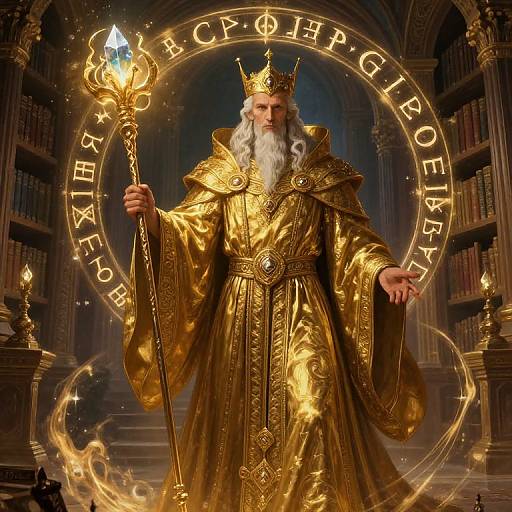 Digital art of a regal, white-bearded king in a golden robe and crown, holding a glowing staff, standing in a grand library with illuminated