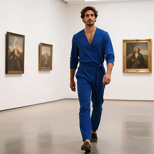 Elegant Man in Cobalt at Art Gallery