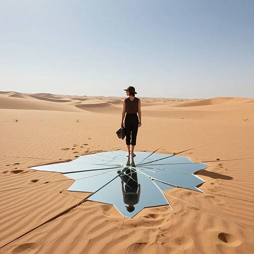 Photograph of a lone woman in a black dress and hat, standing on a broken mirror in a vast, sunlit desert.