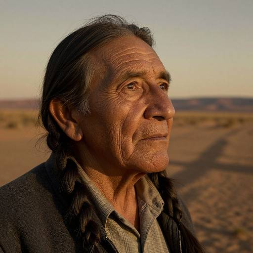 Photograph of an elderly Native American man with long black hair, weathered face, and deep wrinkles, standing in a desert landscape at sunset. He
