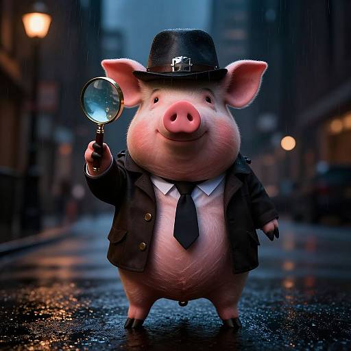 CGI illustration of a chubby pig in a black detective hat, coat, tie, and holding a magnifying glass on a rainy city street.