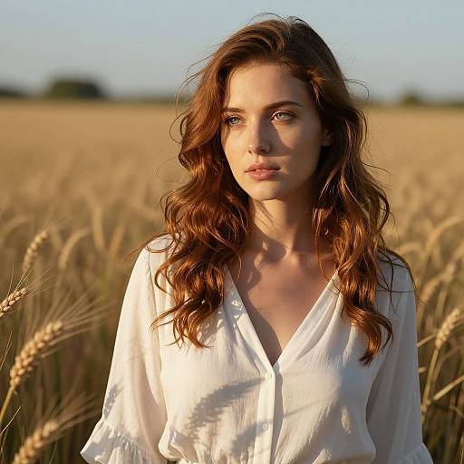 Photograph of a young woman with wavy brown hair, wearing a white button-up blouse, standing in a golden wheat field under a clear blue sky