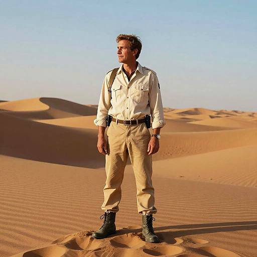 Photograph of a man in beige expedition attire standing in a sunlit desert with rolling sand dunes and clear blue sky.