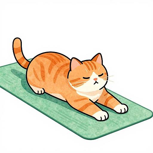 Cartoon-style drawing of an orange and white striped cat with closed eyes, lying peacefully on a green yoga mat.