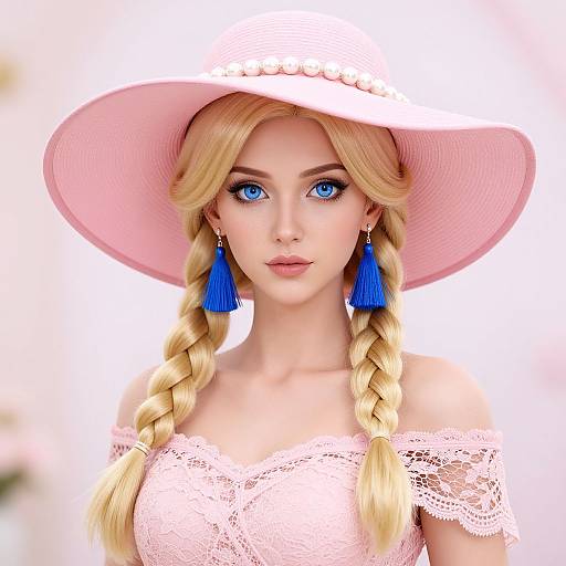 Digital artwork of a blonde woman with blue eyes, wearing a pink wide-brimmed hat, blue tassel earrings, and an off-shoulder