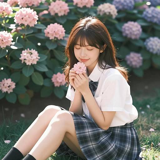 Serene Asian Girl in a Flower Garden