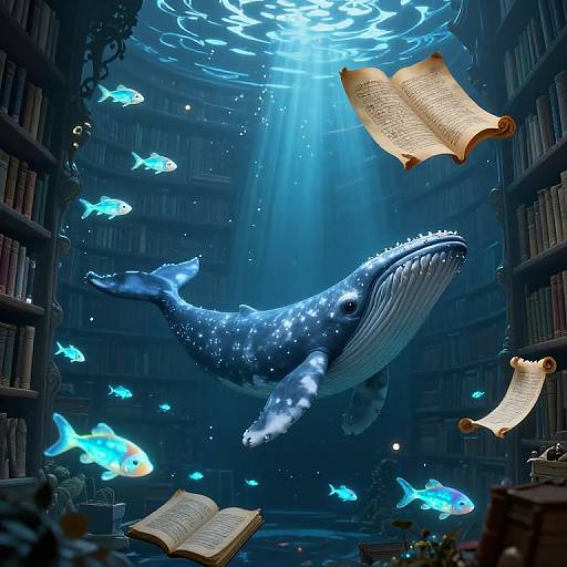 Bioluminescent Fish in Ethereal Library