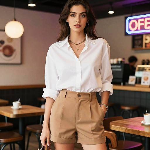 Photorealistic image of a young woman with long dark hair, wearing a white button-up shirt, beige high-waisted shorts, and gold jewelry
