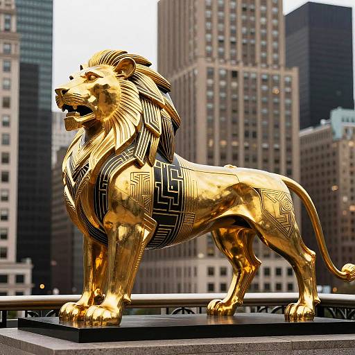 Art Deco Lion Sculpture with Cityscape
