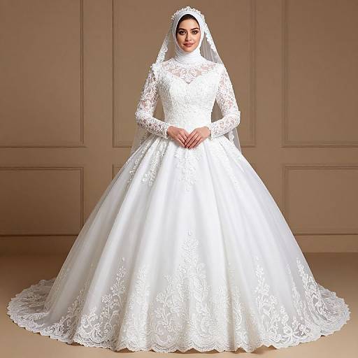 Photograph of a South Asian bride in a white, lace-trimmed, long-sleeve wedding gown with a full, flowing skirt and veil