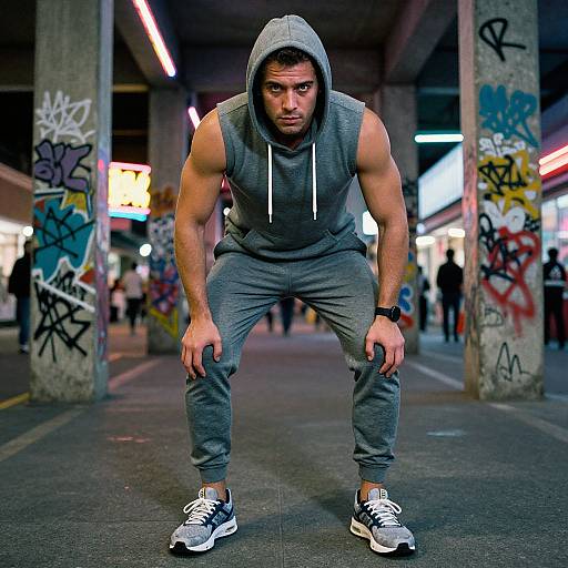 Photograph of a muscular man in a gray hoodie and sweatpants, crouching in a graffiti-covered urban tunnel at night.