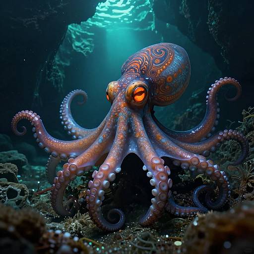Photograph of a vividly patterned octopus with glowing orange eyes, surrounded by dark underwater coral, illuminated by blue light from above.