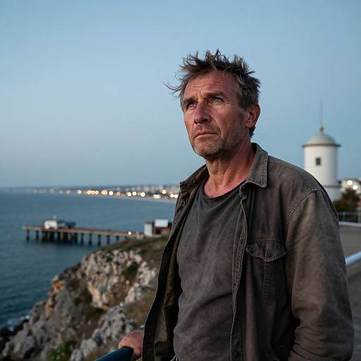 Photograph of a rugged, middle-aged man with spiky hair and a serious expression, standing by a coastal lighthouse at dusk.