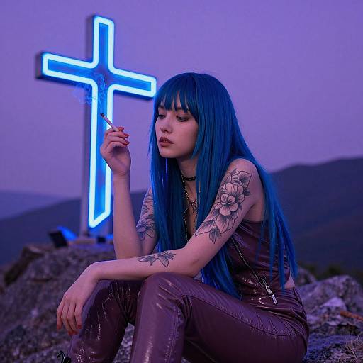 Photograph of a pale-skinned woman with long blue hair and tattoos, wearing brown leather pants and a black top, sitting before a glowing blue neon