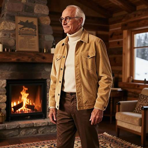 Photograph of an elderly white man with gray hair, glasses, wearing a beige turtleneck and brown denim jacket, standing in a cozy, wood