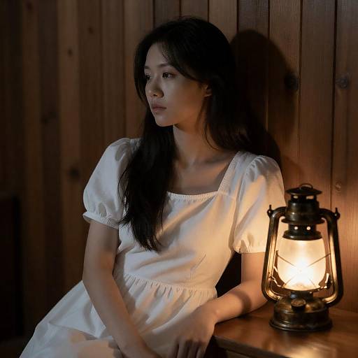 Lantern-lit Contemplation in Wooden Room