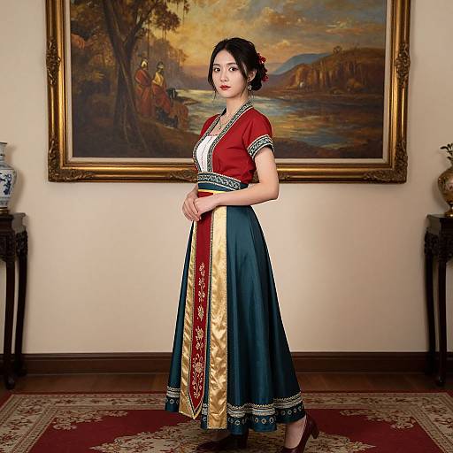 Photograph of an Asian woman with short black hair, wearing a red blouse with white trim, gold and blue skirt, standing in front of a classical