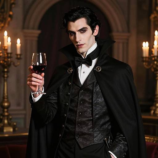 Photograph of a pale-skinned, dark-haired man in a black Victorian suit and cape, holding a glass of red wine, standing in a dim