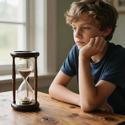 Photograph of a thoughtful young boy with tousled brown hair, wearing a navy shirt, resting his chin on his hand, gazing at a wooden