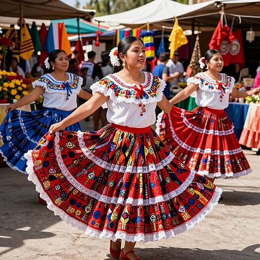 Photograph of two Asian women dancing in colorful traditional Mexican dresses with floral patterns, white blouses, and red skirts, at a vibrant outdoor market.