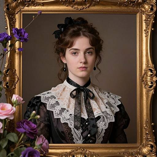 Photograph of a young, fair-skinned woman with dark curly hair, wearing a black lace Victorian dress, framed in an ornate gold frame with