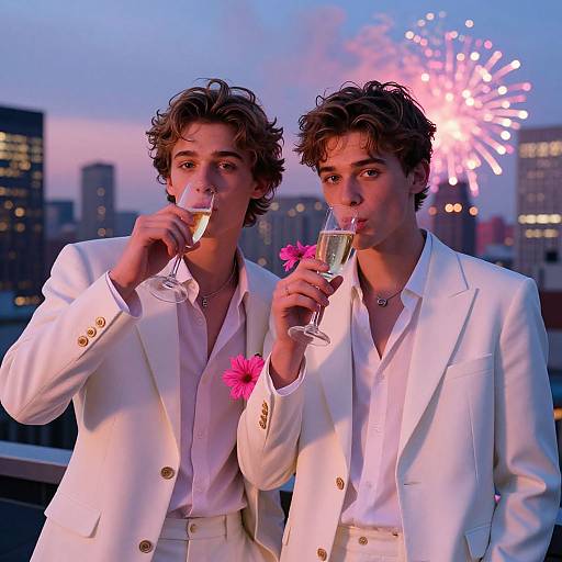 Photograph: Two young men with curly brown hair in white suits, drinking champagne, pink flower boutonnieres, fireworks-lit city skyline background.