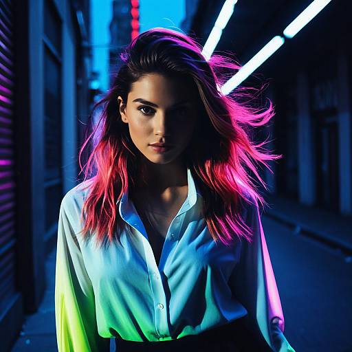 Fashion Model with Ombre Hair and Neon Light