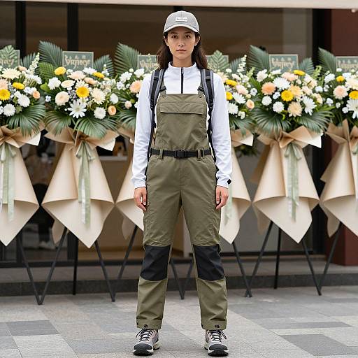 Photograph of an Asian woman with long black hair, wearing a white cap, white long-sleeve shirt, olive-green cargo pants, and black