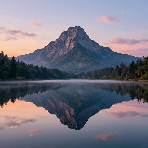 Photograph of a majestic mountain reflected in a tranquil lake at sunrise, with a pink and blue sky and surrounding evergreen forest.