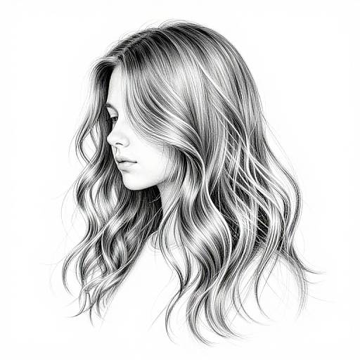 Black and white digital portrait of a woman with wavy, shoulder-length hair, looking to the left, detailed line art.