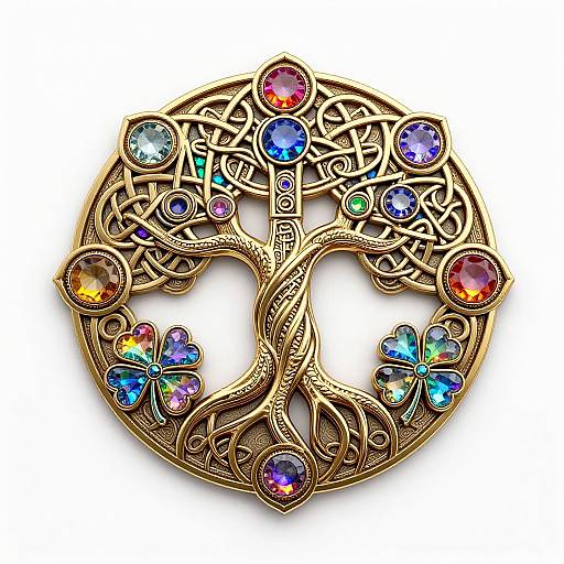 Ornate, gold Celtic-style brooch with intricate knotwork, encrusted with colorful gemstones, including rubies, sapphires
