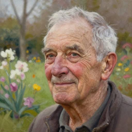 Photograph of an elderly white man with gray hair, wrinkled skin, smiling, wearing a brown shirt, set against a blurred garden background with colorful