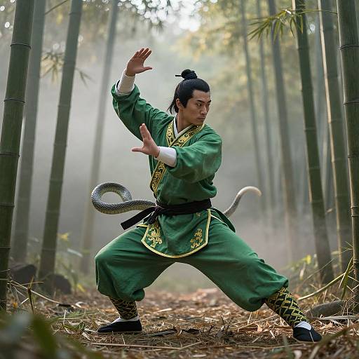Photograph of a male martial artist in a green gi with yellow trim, black belt, and snake wrapped around waist, performing a kung fu stance