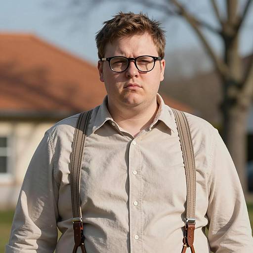 Overweight Man with Glasses Wearing Beige Shirt and Suspenders