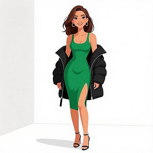 Digital illustration of a smiling woman with brown hair, green ribbed dress, black jacket, high heels, and hoop earrings, standing confidently against a white